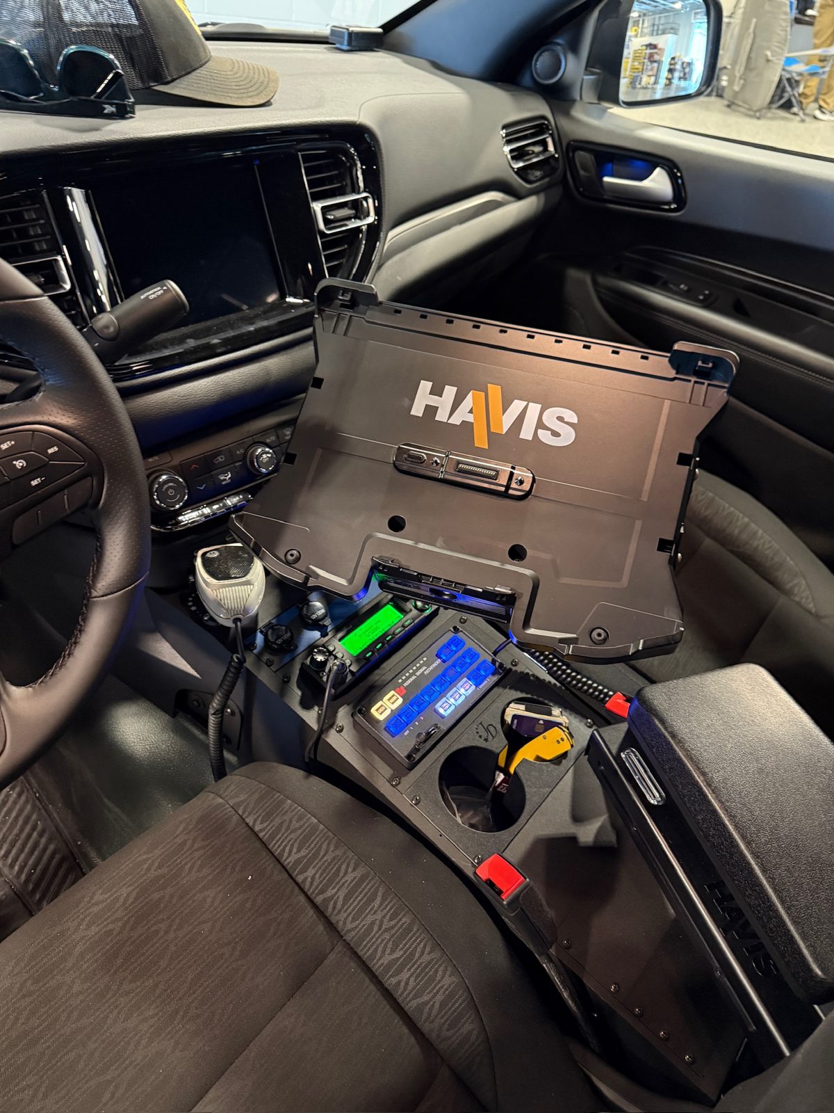 Completed Havis console with docking station, radio and light controls.